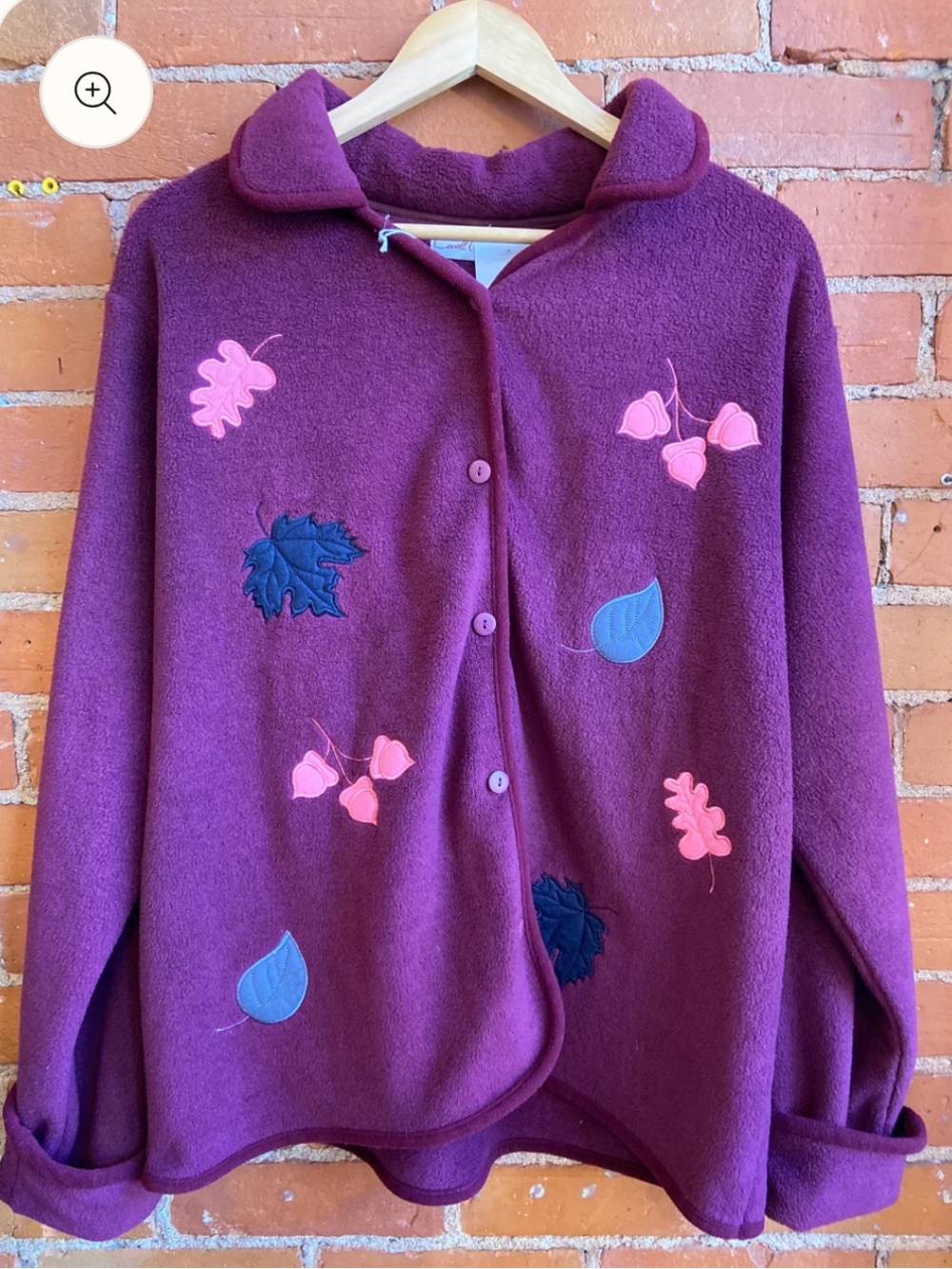 Deadstock vintage Ladies purple Embroidered Fleece Jacket with fall leaves.